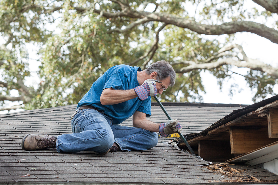 Elkhorn roof repair pro using crowbar to remove rotten wood from leaky roof.